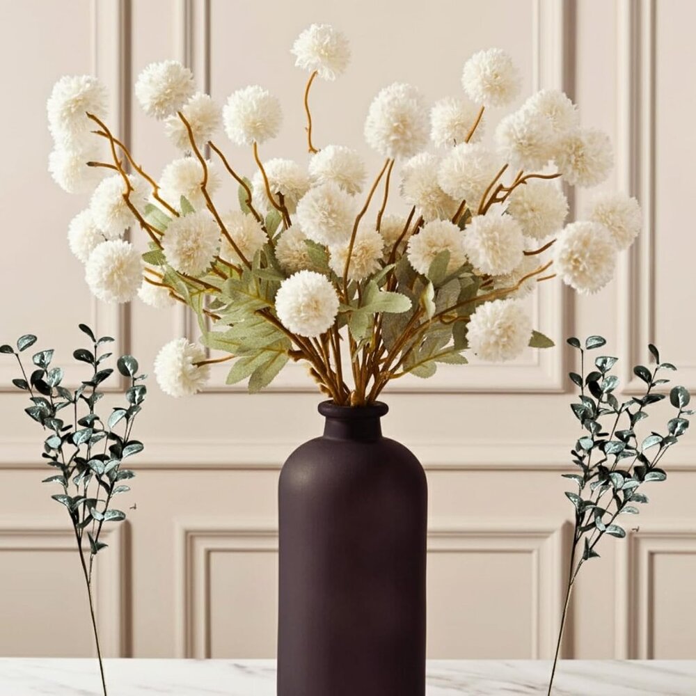 White Faux Kiku Flowers for Vase 10 Long Stem Artificial Flowers with Eucalyptus